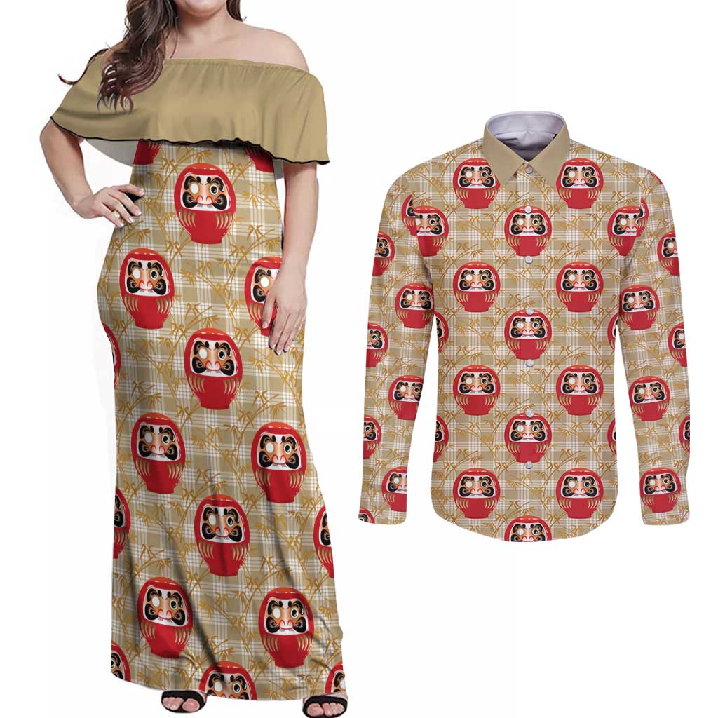 Japanese Daruma Doll Couples Matching Off Shoulder Maxi Dress and Long Sleeve Button Shirt Palaka With Seamless Bamboo Pattern - Wonder Print Shop