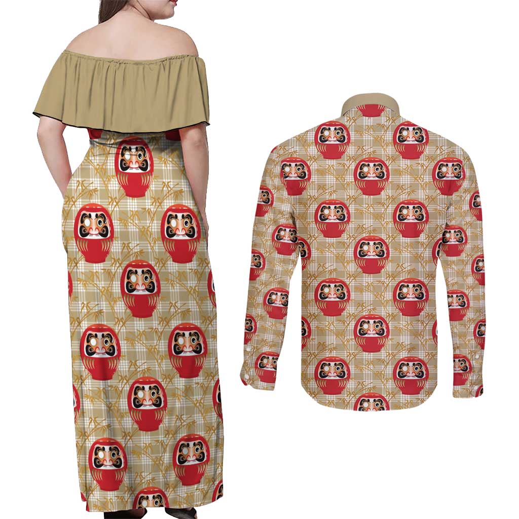 Japanese Daruma Doll Couples Matching Off Shoulder Maxi Dress and Long Sleeve Button Shirt Palaka With Seamless Bamboo Pattern - Wonder Print Shop