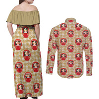 Japanese Daruma Doll Couples Matching Off Shoulder Maxi Dress and Long Sleeve Button Shirt Palaka With Seamless Bamboo Pattern - Wonder Print Shop