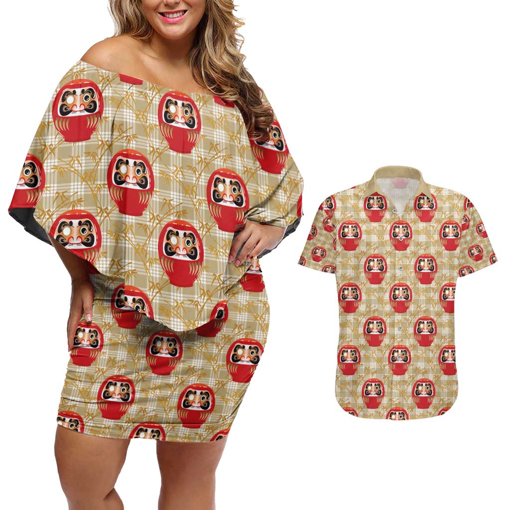 Japanese Daruma Doll Couples Matching Off Shoulder Short Dress and Hawaiian Shirt Palaka With Seamless Bamboo Pattern - Wonder Print Shop