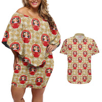 Japanese Daruma Doll Couples Matching Off Shoulder Short Dress and Hawaiian Shirt Palaka With Seamless Bamboo Pattern - Wonder Print Shop