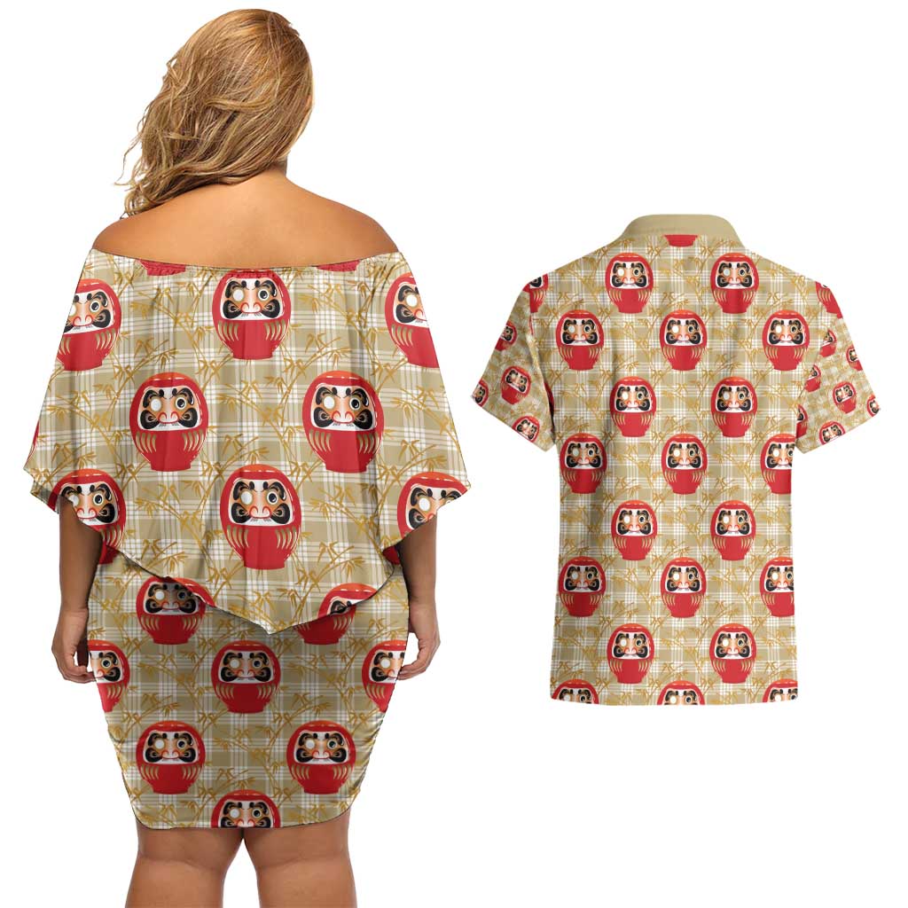 Japanese Daruma Doll Couples Matching Off Shoulder Short Dress and Hawaiian Shirt Palaka With Seamless Bamboo Pattern - Wonder Print Shop