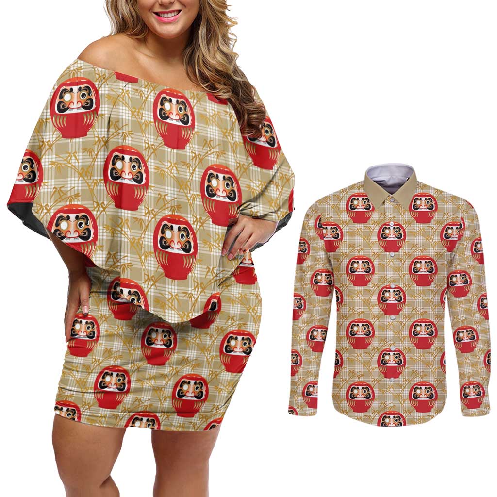 Japanese Daruma Doll Couples Matching Off Shoulder Short Dress and Long Sleeve Button Shirt Palaka With Seamless Bamboo Pattern - Wonder Print Shop