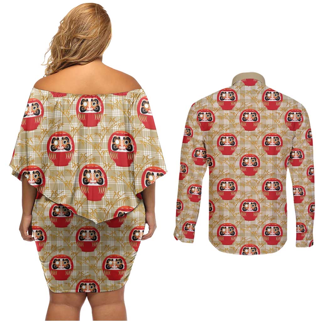 Japanese Daruma Doll Couples Matching Off Shoulder Short Dress and Long Sleeve Button Shirt Palaka With Seamless Bamboo Pattern - Wonder Print Shop