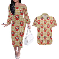 Japanese Daruma Doll Couples Matching Off The Shoulder Long Sleeve Dress and Hawaiian Shirt Palaka With Seamless Bamboo Pattern - Wonder Print Shop