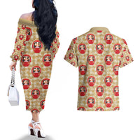 Japanese Daruma Doll Couples Matching Off The Shoulder Long Sleeve Dress and Hawaiian Shirt Palaka With Seamless Bamboo Pattern - Wonder Print Shop