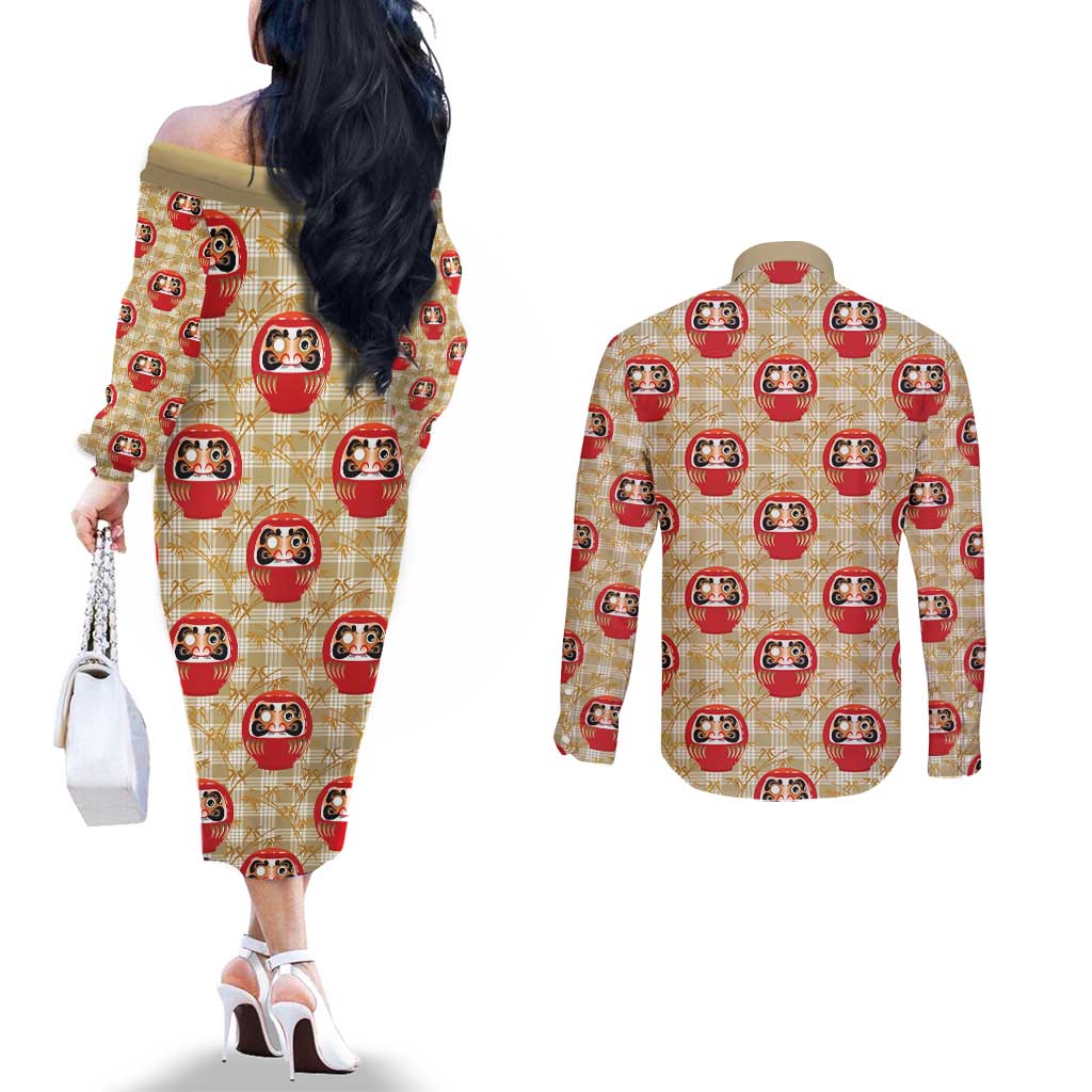 Japanese Daruma Doll Couples Matching Off The Shoulder Long Sleeve Dress and Long Sleeve Button Shirt Palaka With Seamless Bamboo Pattern - Wonder Print Shop
