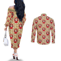 Japanese Daruma Doll Couples Matching Off The Shoulder Long Sleeve Dress and Long Sleeve Button Shirt Palaka With Seamless Bamboo Pattern - Wonder Print Shop