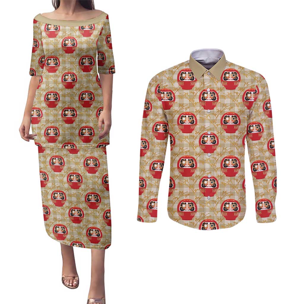 Japanese Daruma Doll Couples Matching Puletasi and Long Sleeve Button Shirt Palaka With Seamless Bamboo Pattern - Wonder Print Shop