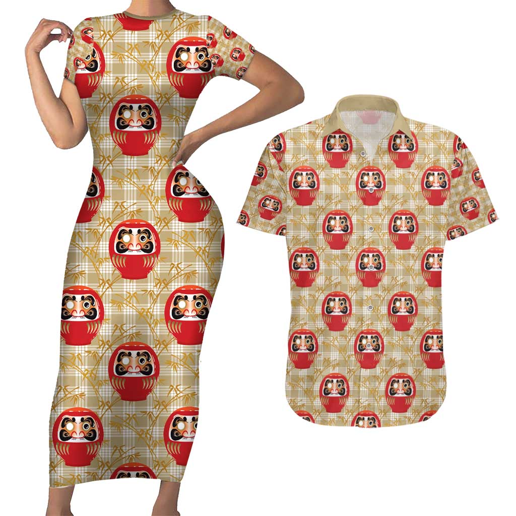 Japanese Daruma Doll Couples Matching Short Sleeve Bodycon Dress and Hawaiian Shirt Palaka With Seamless Bamboo Pattern - Wonder Print Shop