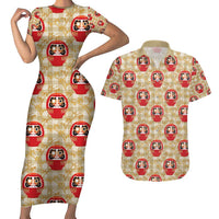 Japanese Daruma Doll Couples Matching Short Sleeve Bodycon Dress and Hawaiian Shirt Palaka With Seamless Bamboo Pattern - Wonder Print Shop