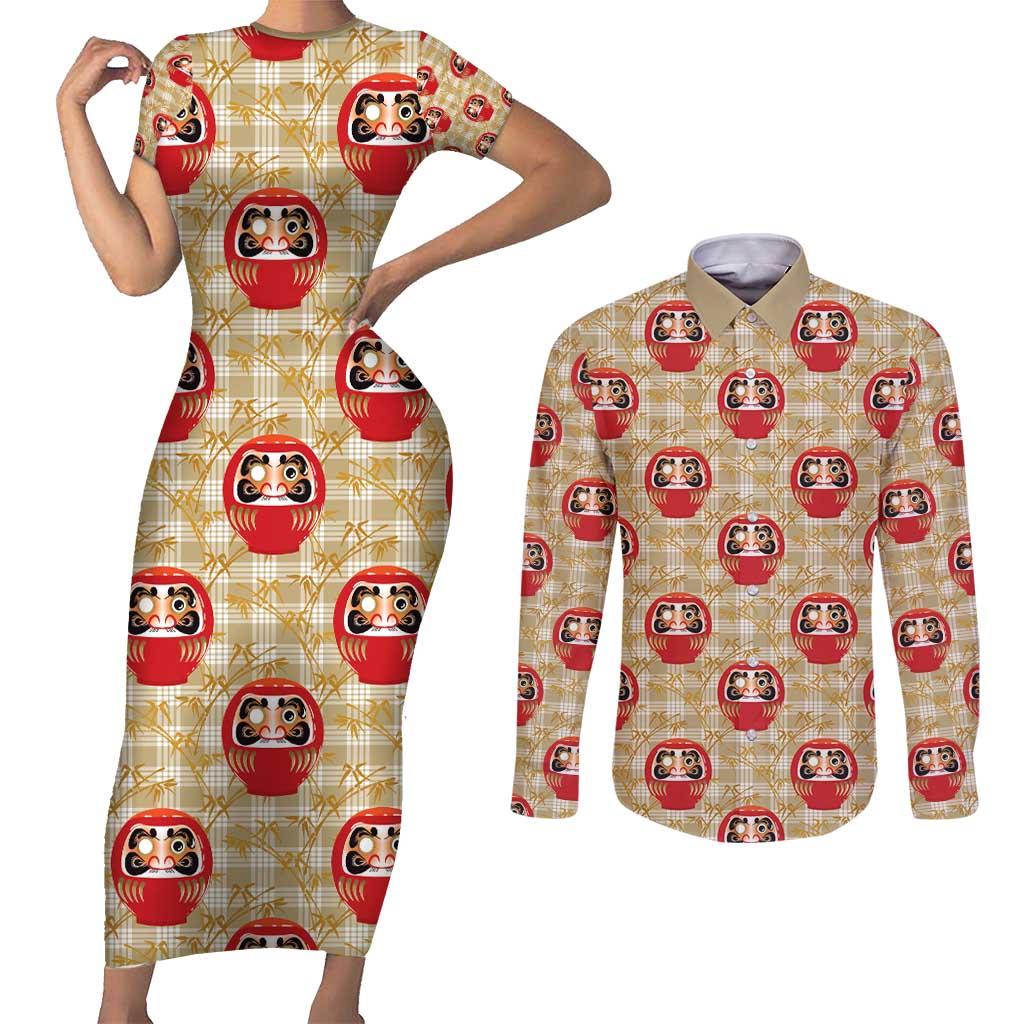 Japanese Daruma Doll Couples Matching Short Sleeve Bodycon Dress and Long Sleeve Button Shirt Palaka With Seamless Bamboo Pattern - Wonder Print Shop