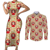 Japanese Daruma Doll Couples Matching Short Sleeve Bodycon Dress and Long Sleeve Button Shirt Palaka With Seamless Bamboo Pattern - Wonder Print Shop