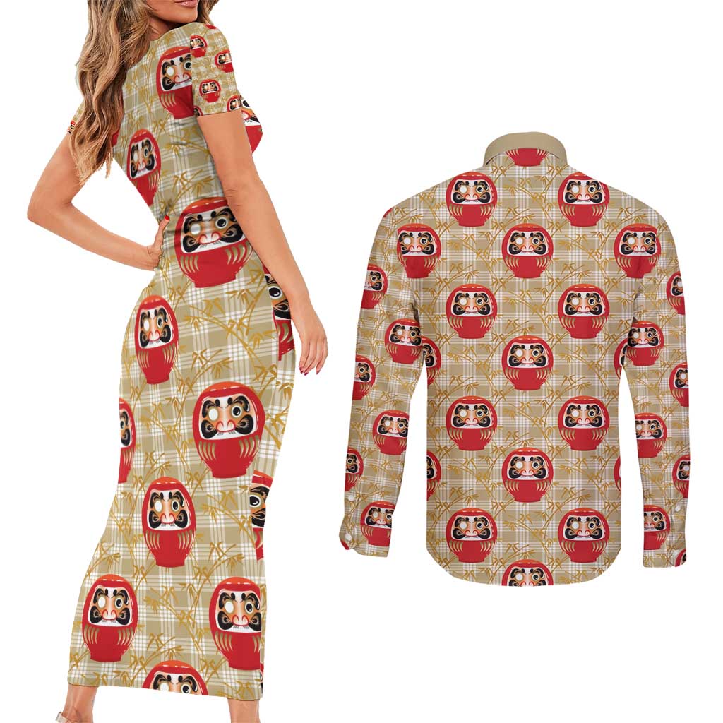 Japanese Daruma Doll Couples Matching Short Sleeve Bodycon Dress and Long Sleeve Button Shirt Palaka With Seamless Bamboo Pattern - Wonder Print Shop