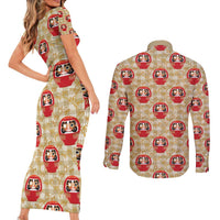 Japanese Daruma Doll Couples Matching Short Sleeve Bodycon Dress and Long Sleeve Button Shirt Palaka With Seamless Bamboo Pattern - Wonder Print Shop