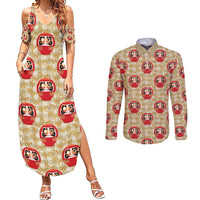 Japanese Daruma Doll Couples Matching Summer Maxi Dress and Long Sleeve Button Shirt Palaka With Seamless Bamboo Pattern - Wonder Print Shop