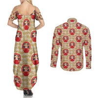 Japanese Daruma Doll Couples Matching Summer Maxi Dress and Long Sleeve Button Shirt Palaka With Seamless Bamboo Pattern - Wonder Print Shop