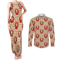 Japanese Daruma Doll Couples Matching Tank Maxi Dress and Long Sleeve Button Shirt Palaka With Seamless Bamboo Pattern - Wonder Print Shop