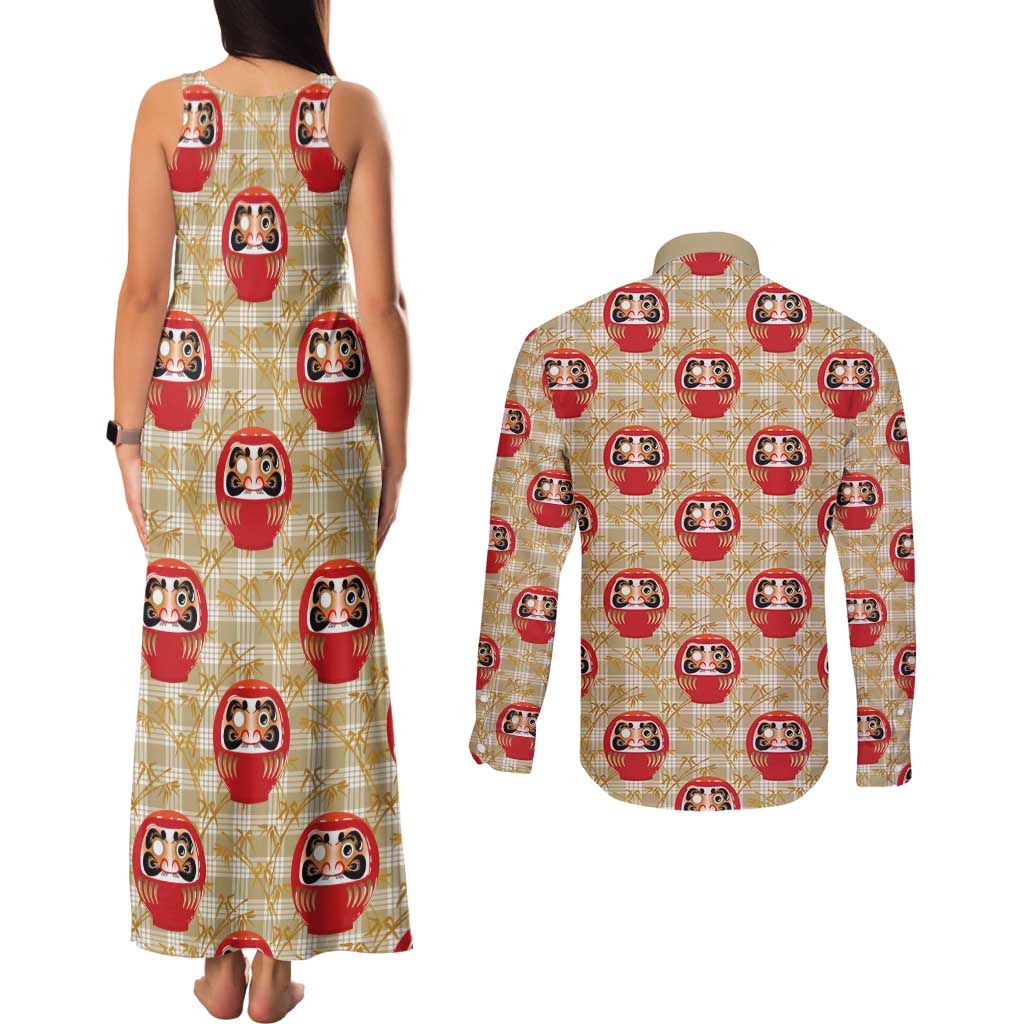 Japanese Daruma Doll Couples Matching Tank Maxi Dress and Long Sleeve Button Shirt Palaka With Seamless Bamboo Pattern - Wonder Print Shop