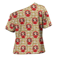 Japanese Daruma Doll Cross Shoulder Shirt Palaka With Seamless Bamboo Pattern - Wonder Print Shop