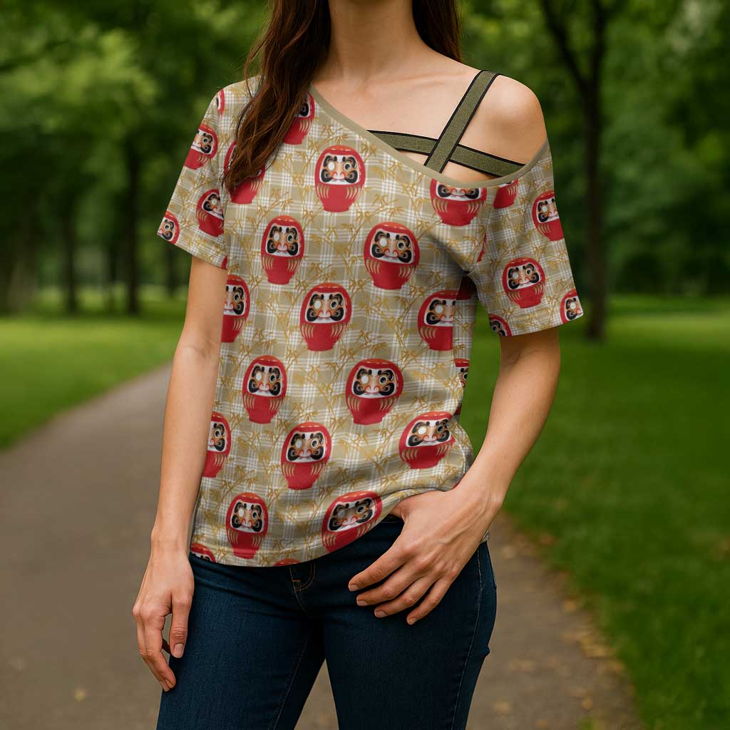 Japanese Daruma Doll Cross Shoulder Shirt Palaka With Seamless Bamboo Pattern - Wonder Print Shop