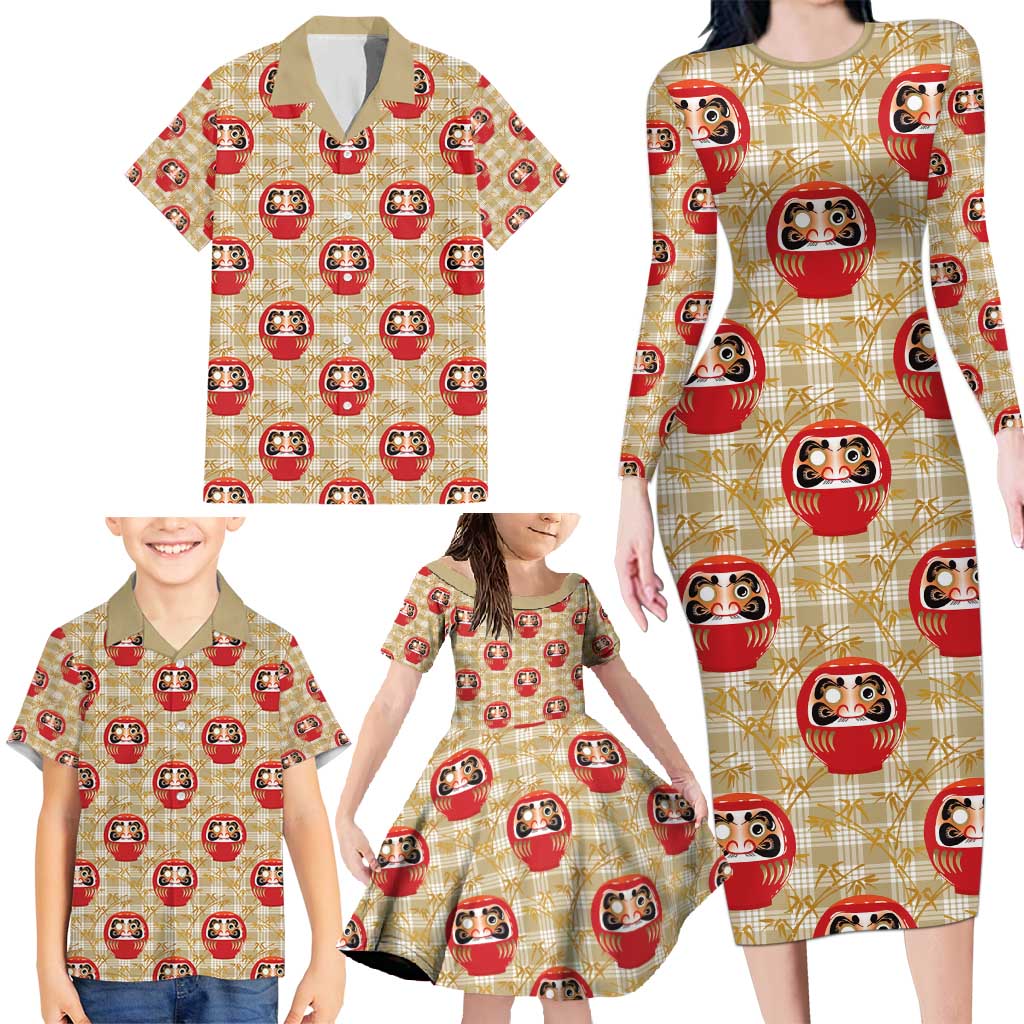 Japanese Daruma Doll Family Matching Long Sleeve Bodycon Dress and Hawaiian Shirt Palaka With Seamless Bamboo Pattern - Wonder Print Shop