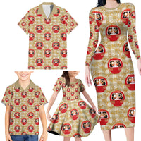 Japanese Daruma Doll Family Matching Long Sleeve Bodycon Dress and Hawaiian Shirt Palaka With Seamless Bamboo Pattern - Wonder Print Shop