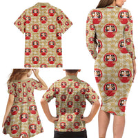 Japanese Daruma Doll Family Matching Long Sleeve Bodycon Dress and Hawaiian Shirt Palaka With Seamless Bamboo Pattern - Wonder Print Shop
