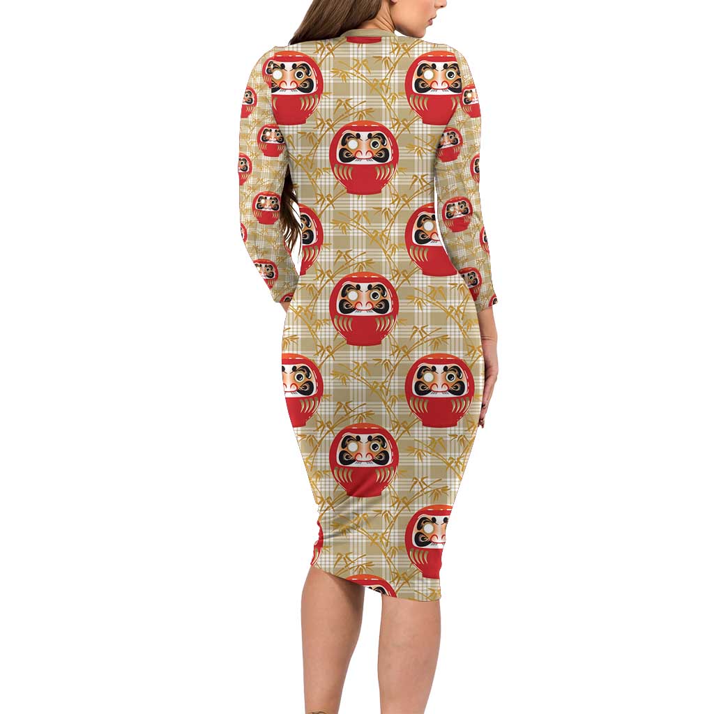 Japanese Daruma Doll Family Matching Long Sleeve Bodycon Dress and Hawaiian Shirt Palaka With Seamless Bamboo Pattern - Wonder Print Shop