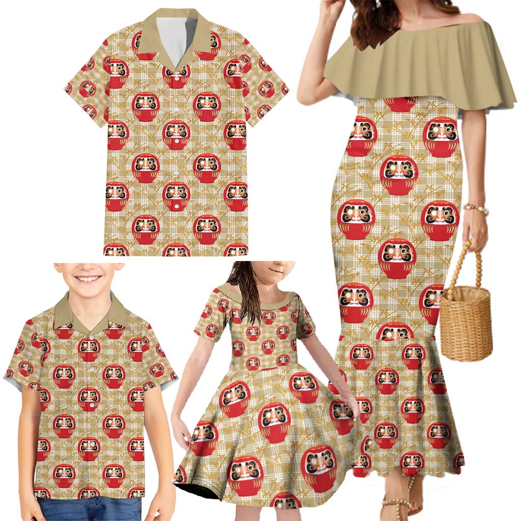 Japanese Daruma Doll Family Matching Mermaid Dress and Hawaiian Shirt Palaka With Seamless Bamboo Pattern - Wonder Print Shop