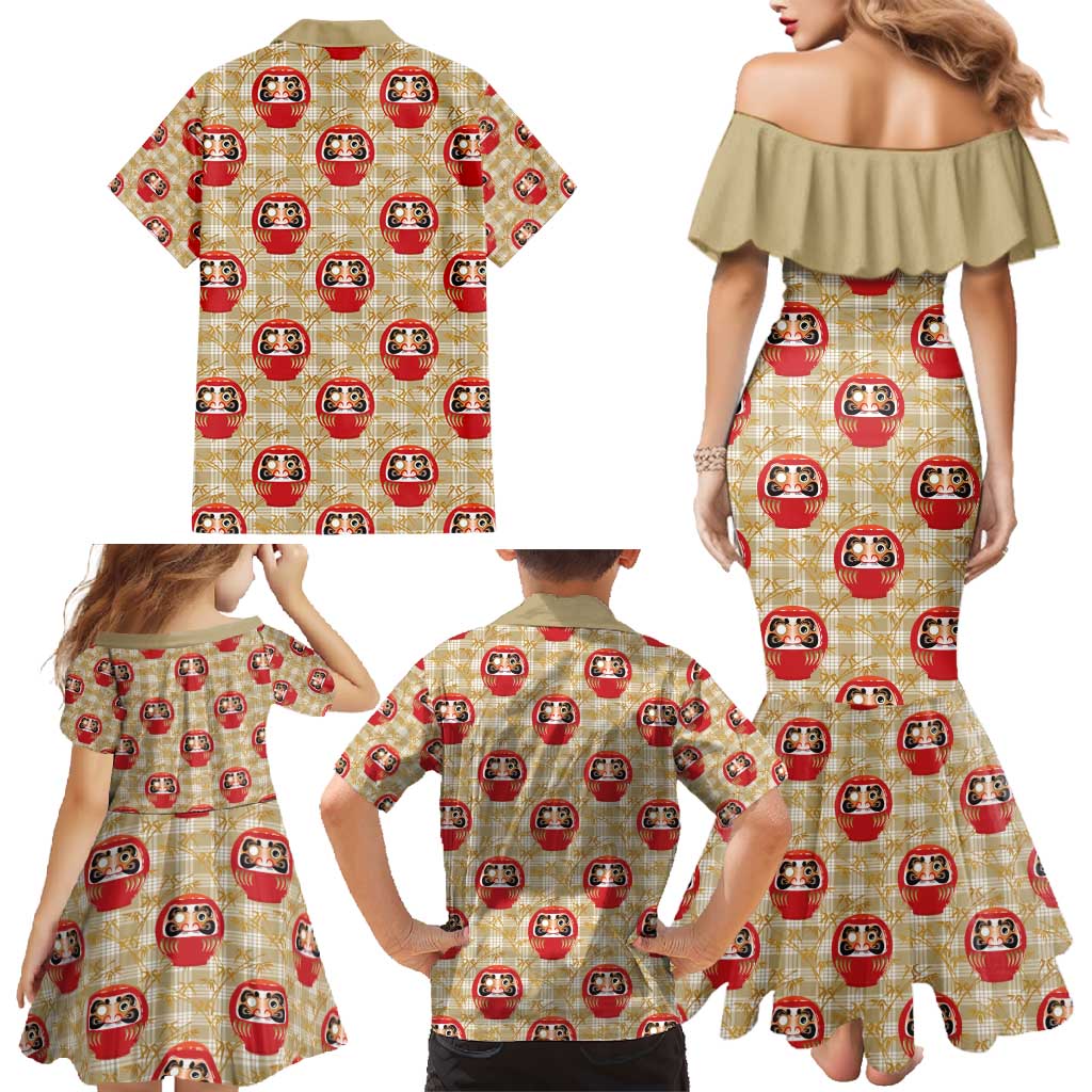 Japanese Daruma Doll Family Matching Mermaid Dress and Hawaiian Shirt Palaka With Seamless Bamboo Pattern - Wonder Print Shop