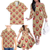 Japanese Daruma Doll Family Matching Off The Shoulder Long Sleeve Dress and Hawaiian Shirt Palaka With Seamless Bamboo Pattern - Wonder Print Shop