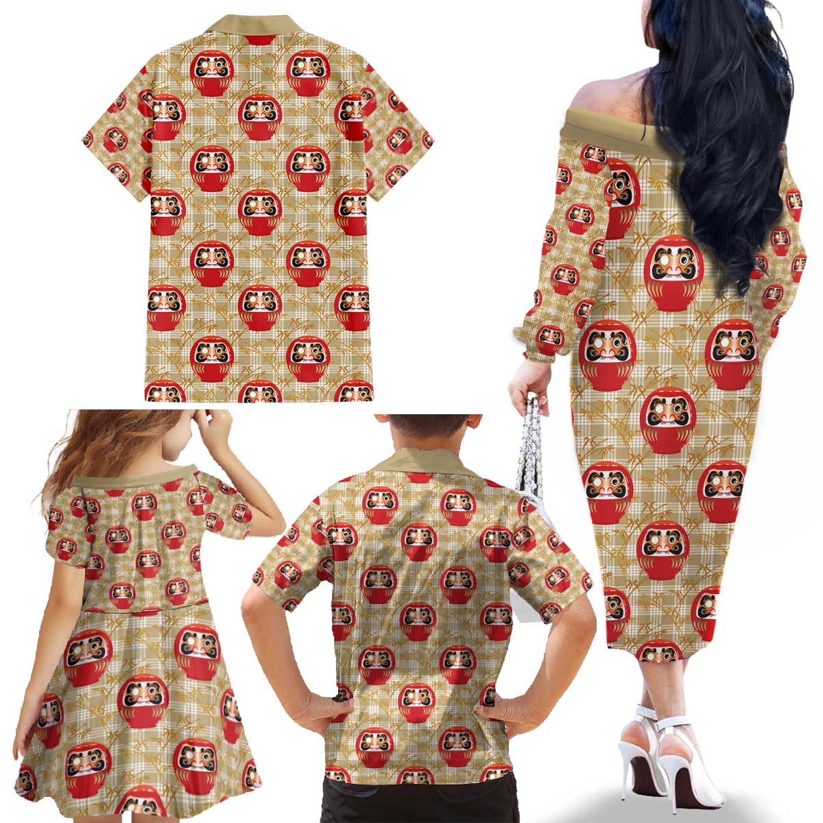Japanese Daruma Doll Family Matching Off The Shoulder Long Sleeve Dress and Hawaiian Shirt Palaka With Seamless Bamboo Pattern - Wonder Print Shop