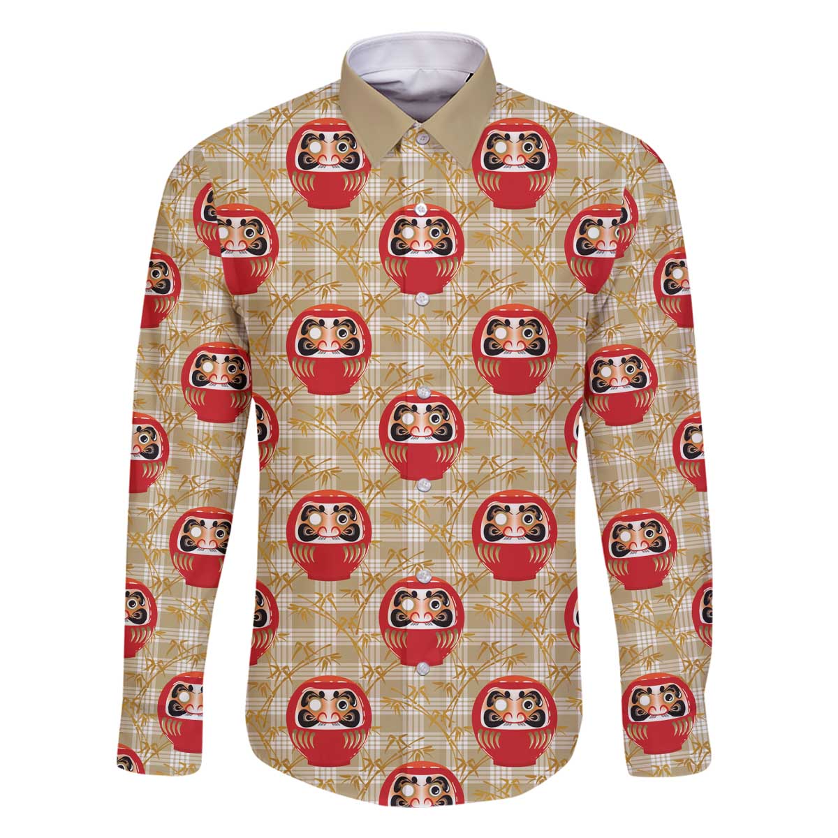 Japanese Daruma Doll Family Matching Off The Shoulder Long Sleeve Dress and Hawaiian Shirt Palaka With Seamless Bamboo Pattern - Wonder Print Shop