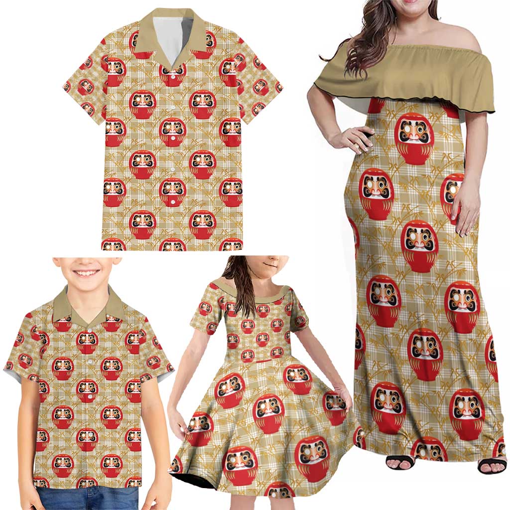 Japanese Daruma Doll Family Matching Off Shoulder Maxi Dress and Hawaiian Shirt Palaka With Seamless Bamboo Pattern - Wonder Print Shop
