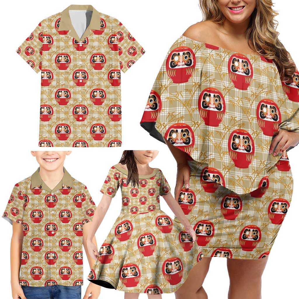Japanese Daruma Doll Family Matching Off Shoulder Short Dress and Hawaiian Shirt Palaka With Seamless Bamboo Pattern - Wonder Print Shop