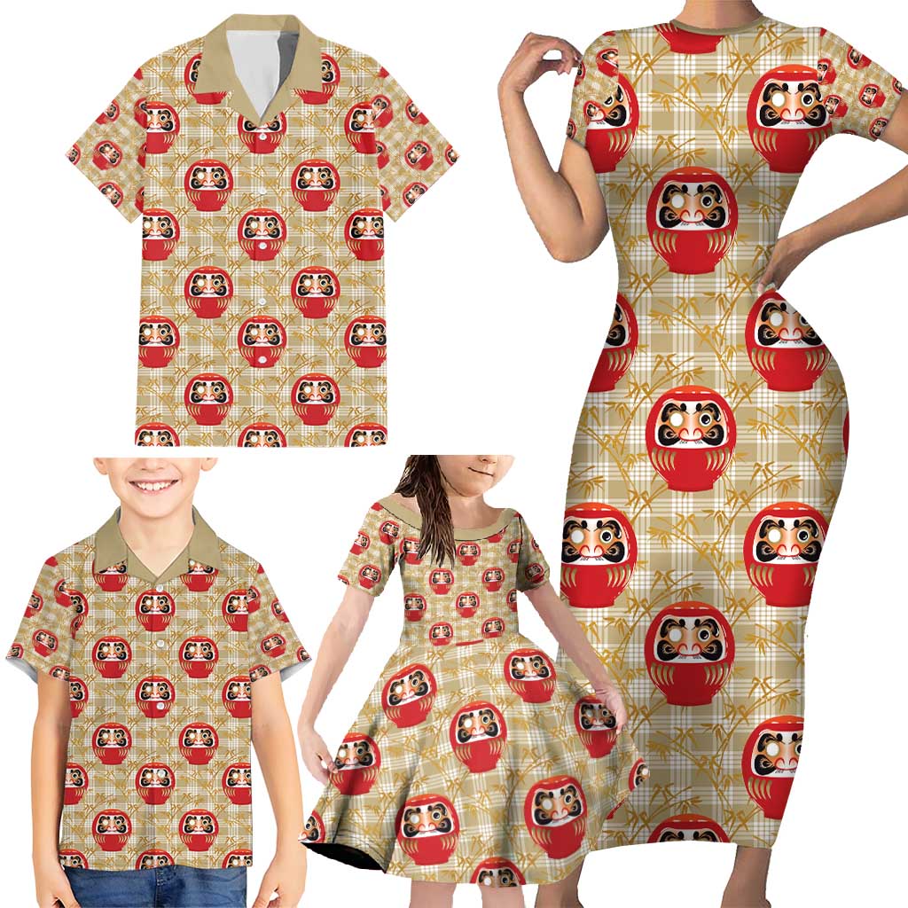 Japanese Daruma Doll Family Matching Short Sleeve Bodycon Dress and Hawaiian Shirt Palaka With Seamless Bamboo Pattern - Wonder Print Shop