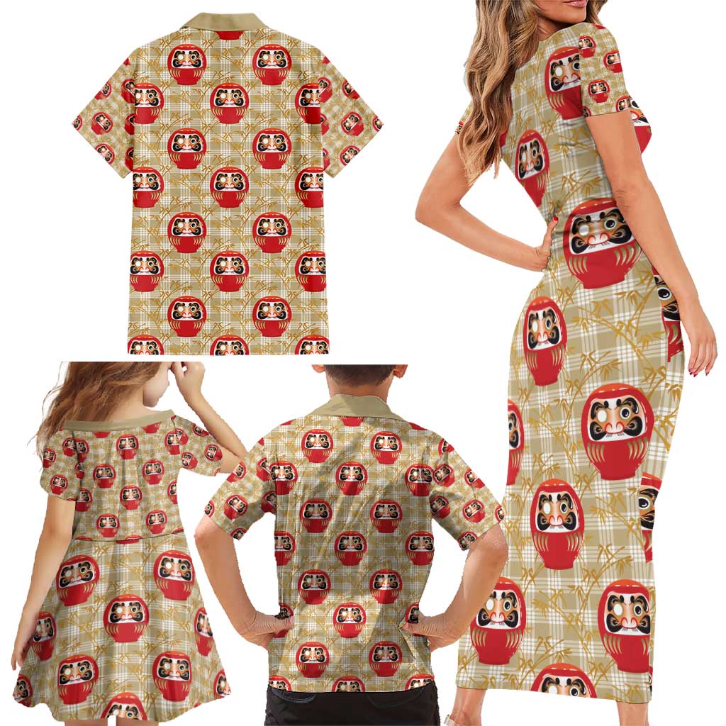 Japanese Daruma Doll Family Matching Short Sleeve Bodycon Dress and Hawaiian Shirt Palaka With Seamless Bamboo Pattern - Wonder Print Shop