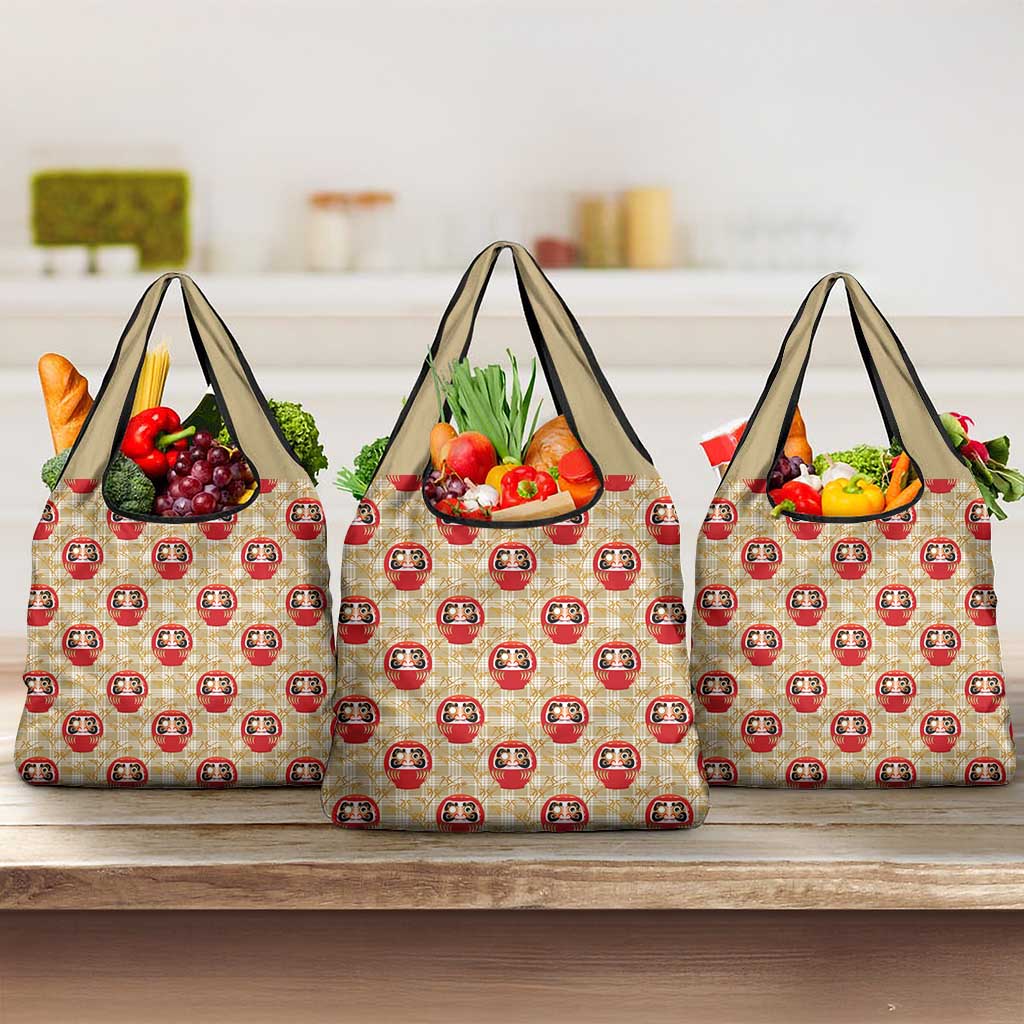 Japanese Daruma Doll Grocery Bag Palaka With Seamless Bamboo Pattern - Wonder Print Shop