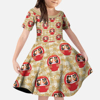 Japanese Daruma Doll Kid Short Sleeve Dress Palaka With Seamless Bamboo Pattern - Wonder Print Shop