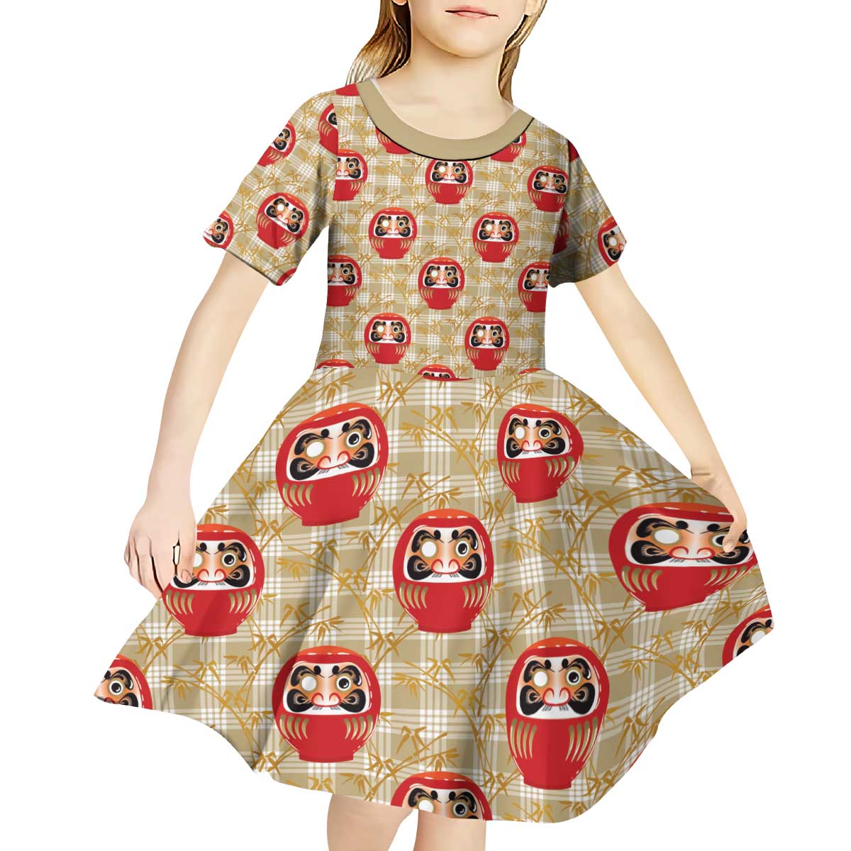 Japanese Daruma Doll Kid Short Sleeve Dress Palaka With Seamless Bamboo Pattern - Wonder Print Shop