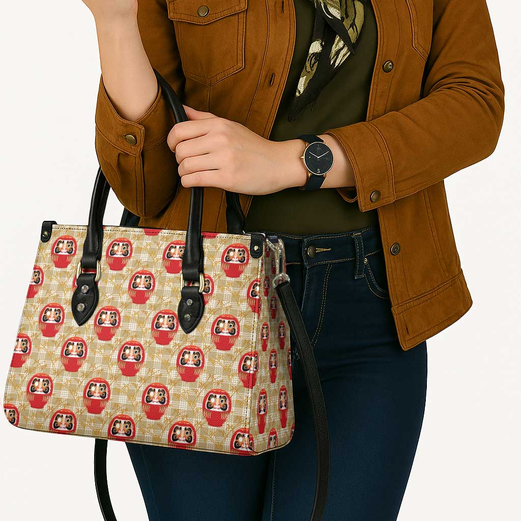 Japanese Daruma Doll Leather Bag Palaka With Seamless Bamboo Pattern - Wonder Print Shop
