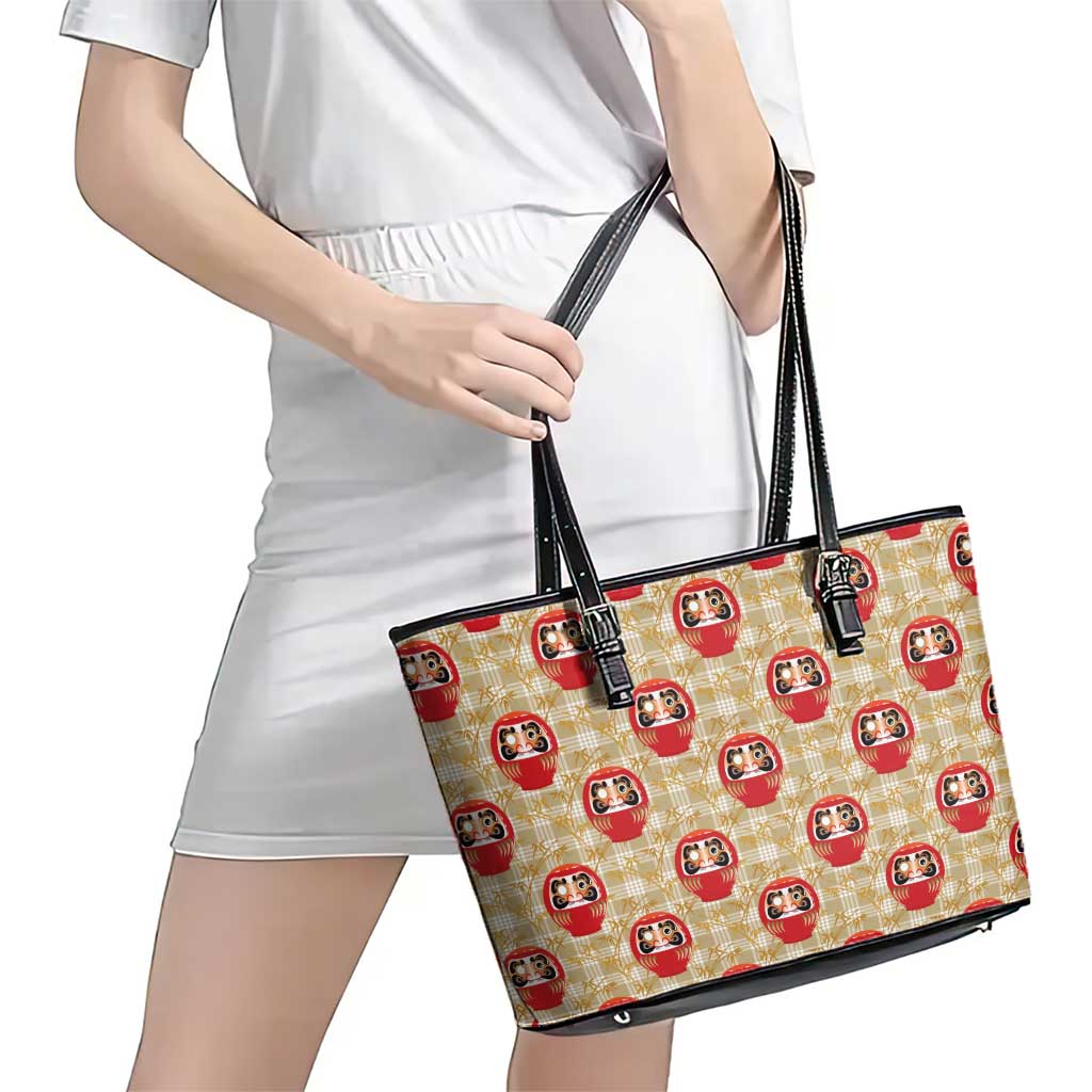 Japanese Daruma Doll Leather Tote Bag Palaka With Seamless Bamboo Pattern - Wonder Print Shop