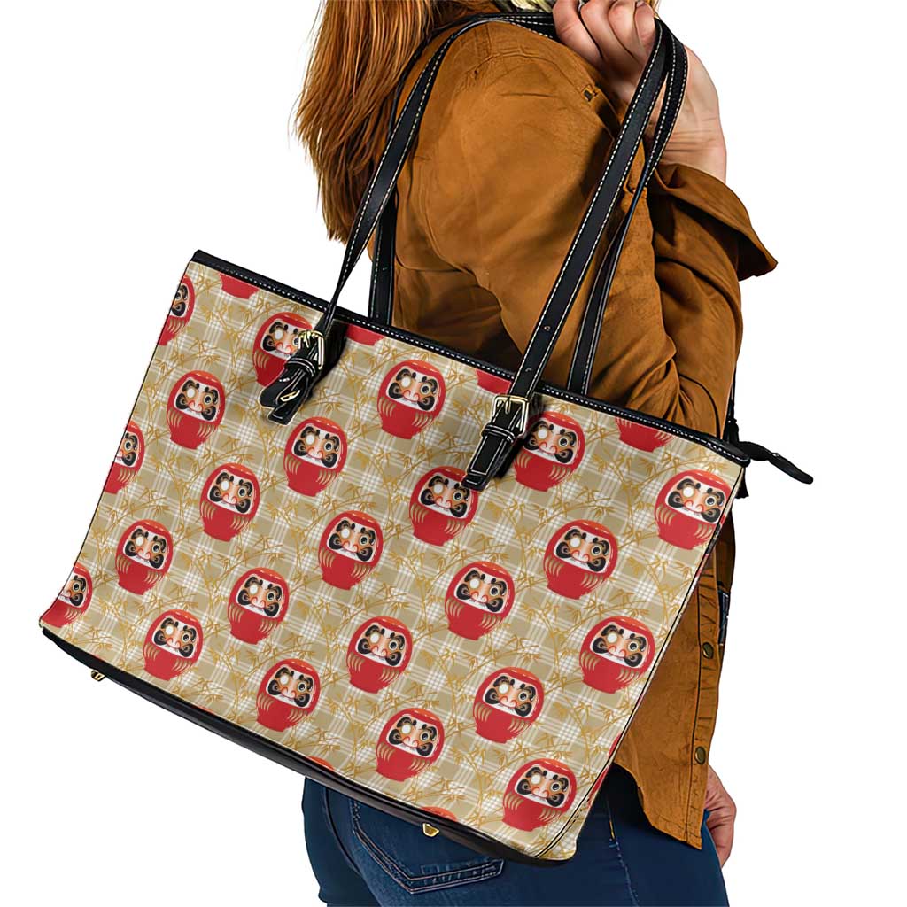 Japanese Daruma Doll Leather Tote Bag Palaka With Seamless Bamboo Pattern - Wonder Print Shop