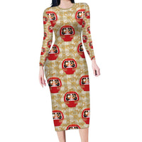 Japanese Daruma Doll Long Sleeve Bodycon Dress Palaka With Seamless Bamboo Pattern - Wonder Print Shop