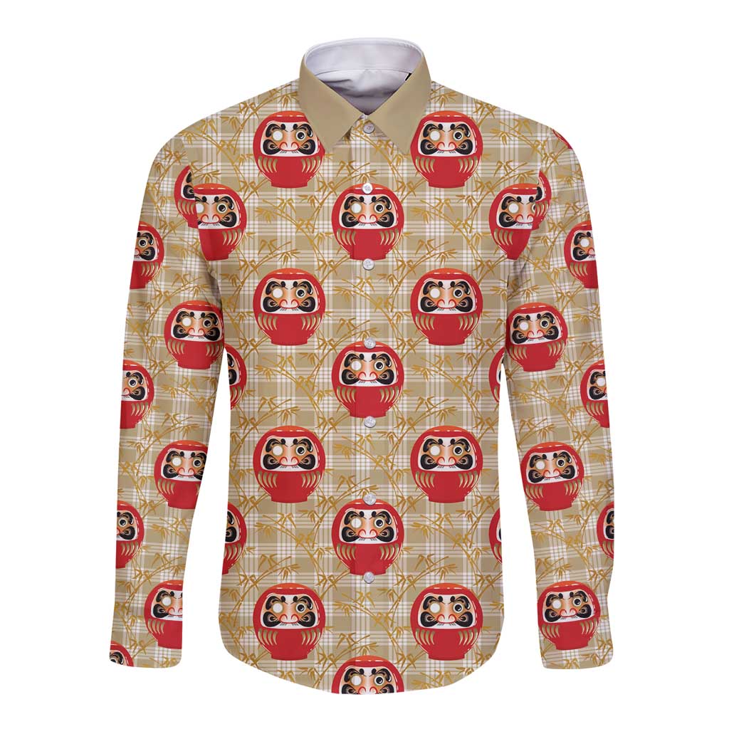 Japanese Daruma Doll Long Sleeve Button Shirt Palaka With Seamless Bamboo Pattern - Wonder Print Shop