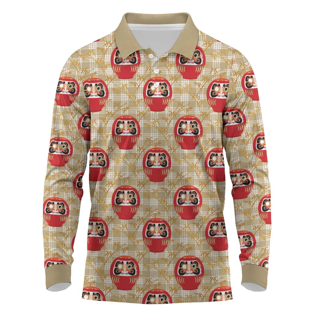 Japanese Daruma Doll Long Sleeve Polo Shirt Palaka With Seamless Bamboo Pattern - Wonder Print Shop