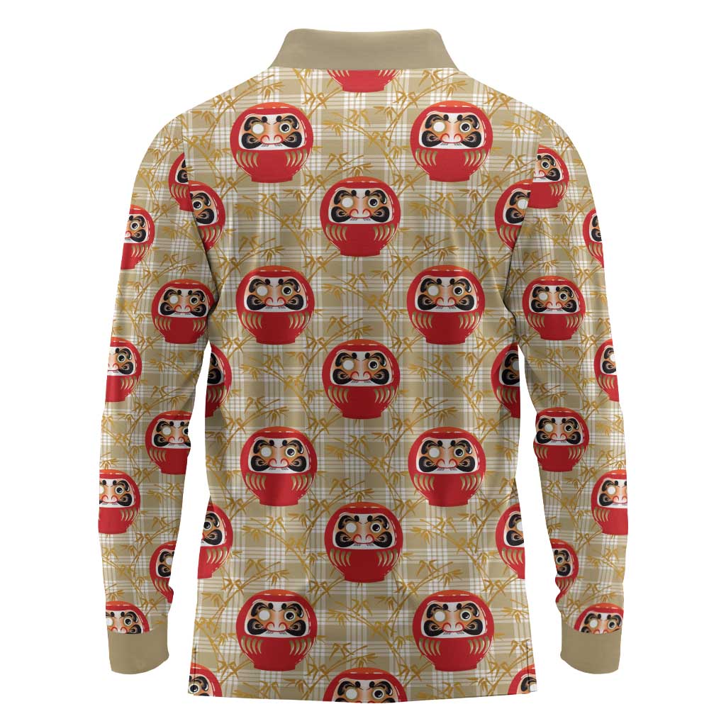 Japanese Daruma Doll Long Sleeve Polo Shirt Palaka With Seamless Bamboo Pattern - Wonder Print Shop