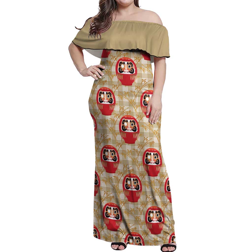 Japanese Daruma Doll Off Shoulder Maxi Dress Palaka With Seamless Bamboo Pattern - Wonder Print Shop