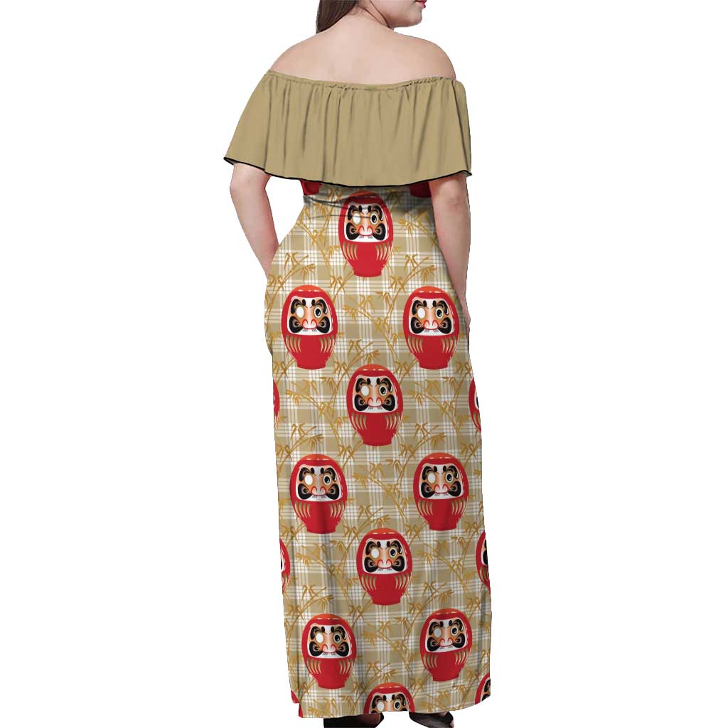 Japanese Daruma Doll Off Shoulder Maxi Dress Palaka With Seamless Bamboo Pattern - Wonder Print Shop